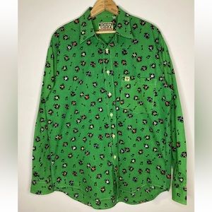 Johnson Woolen Mills Green Button Down Record Album-Print Shirt Size Med